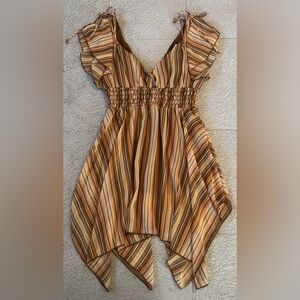 Fire LA Juniors Asymmetrical Smocked Dress Lined Split Shoulder Metallic Stripes